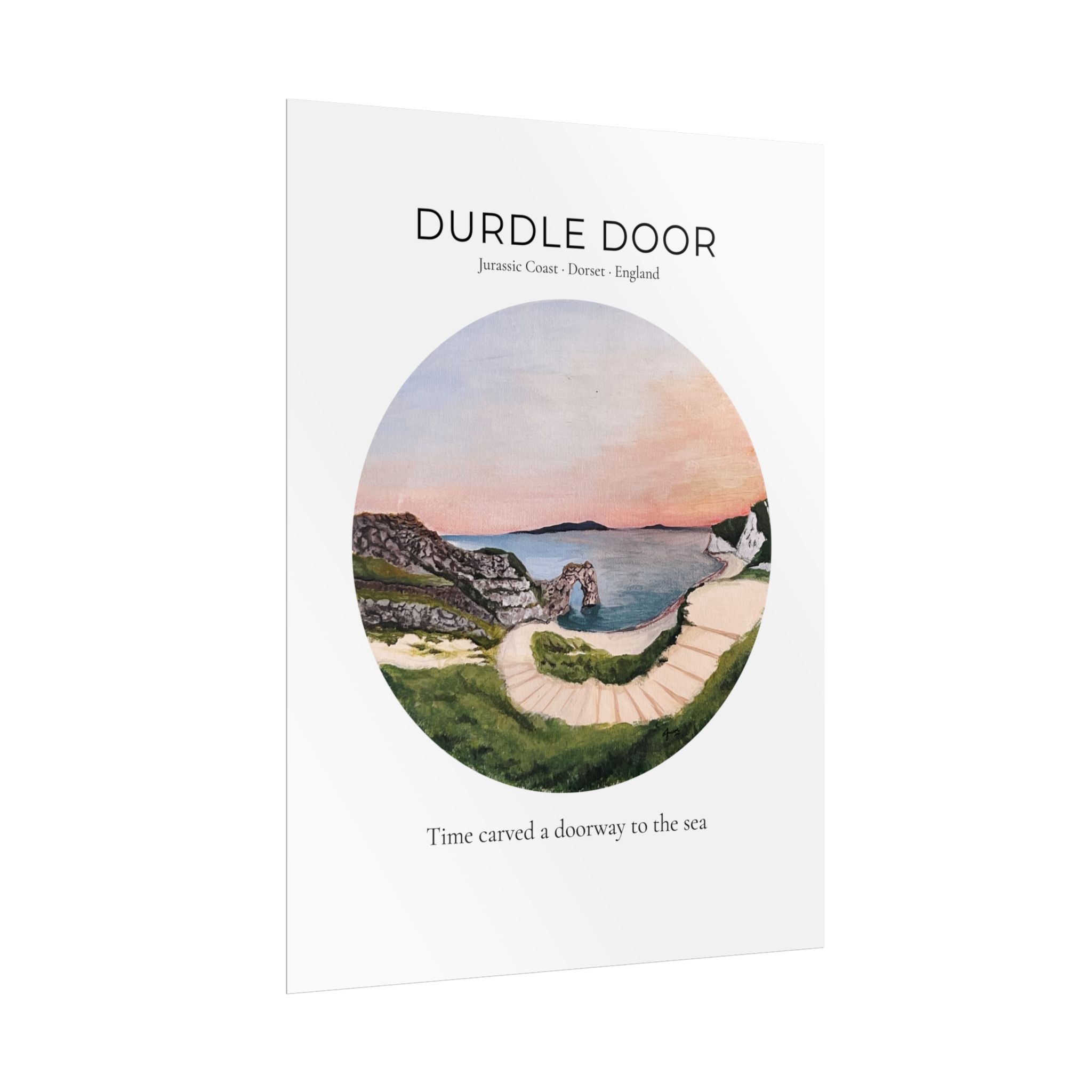 Durdle Door Watercolor Travel Print, Iconic Dorset English Landscape Wall Art, Modern Vintage Jurassic Coast Travel Poster