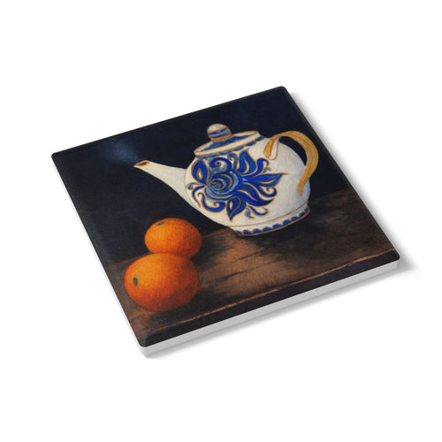 Blue Floral Teapot Ceramic Coaster | Still Life Orange Fruit Artwork