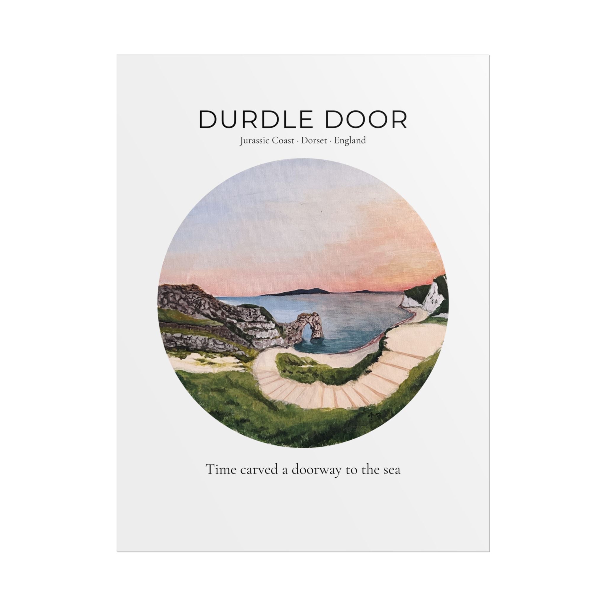 Durdle Door Watercolor Travel Print, Iconic Dorset English Landscape Wall Art, Modern Vintage Jurassic Coast Travel Poster