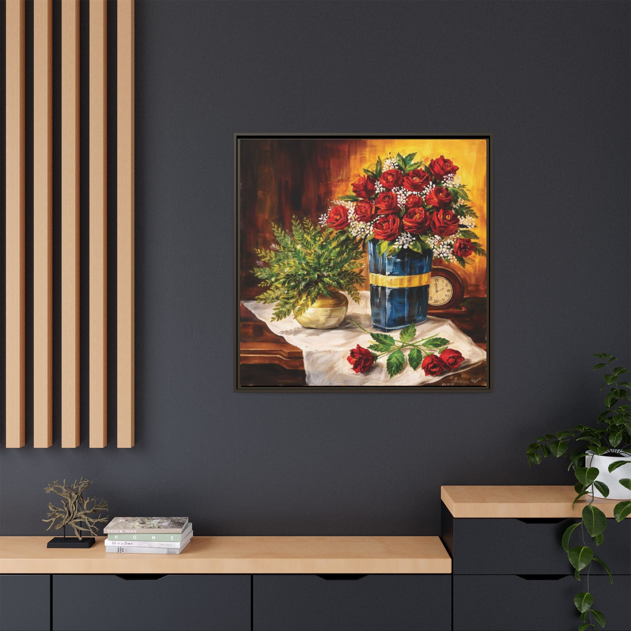 Red Rose Bouquet Painting Matte Canvas Framed | Floral Wall Art