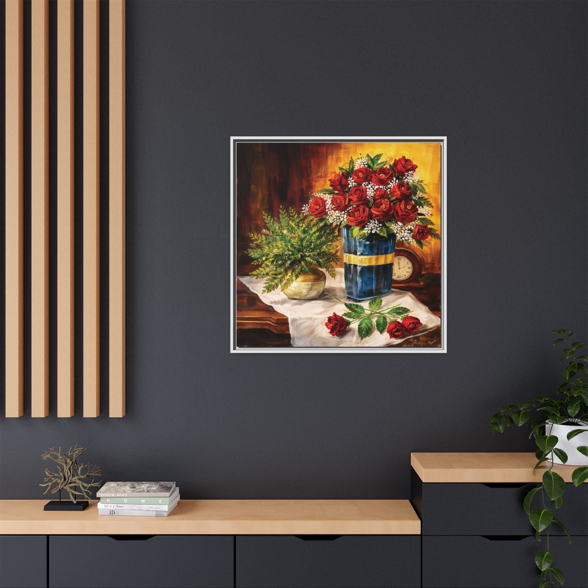Red Rose Bouquet Painting Matte Canvas Framed | Floral Wall Art