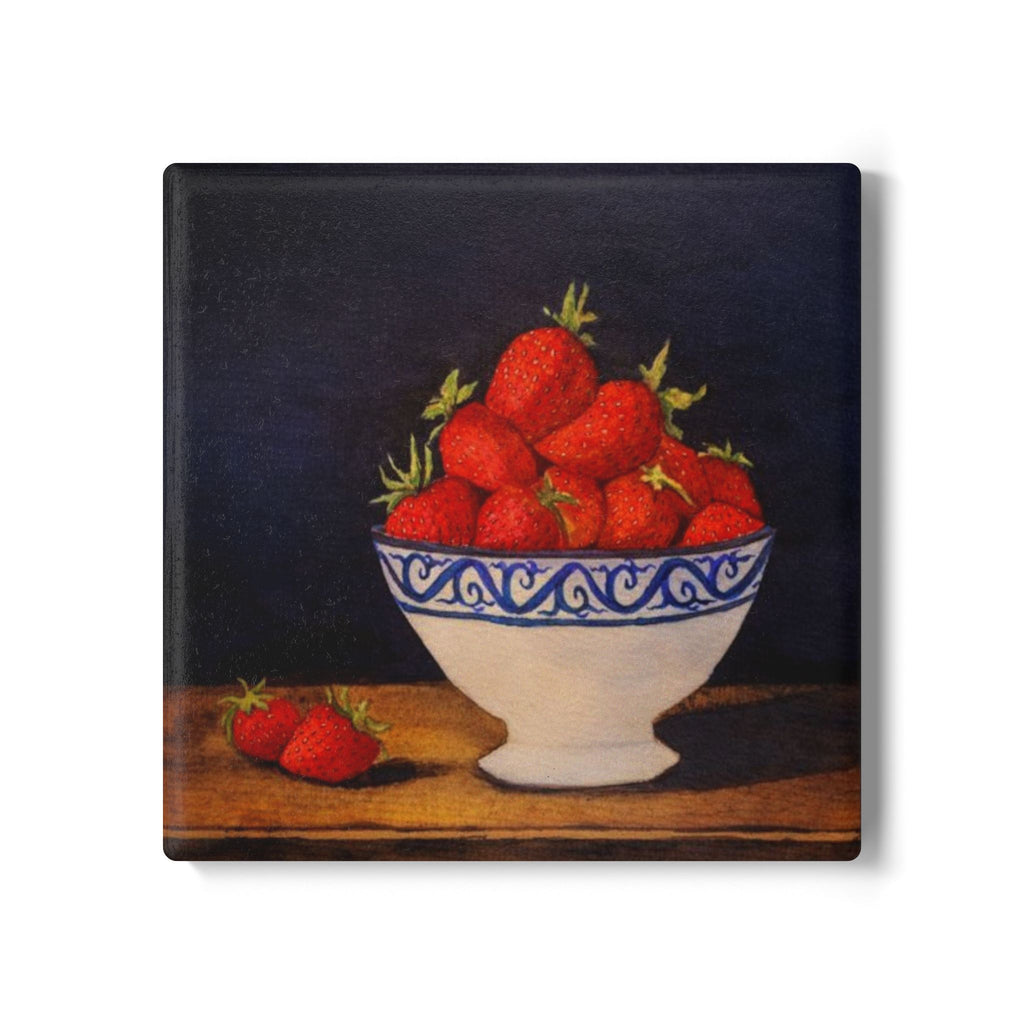 Strawberries in Blue Bowl Ceramic Coaster | Fruit Still Life Drink Mat