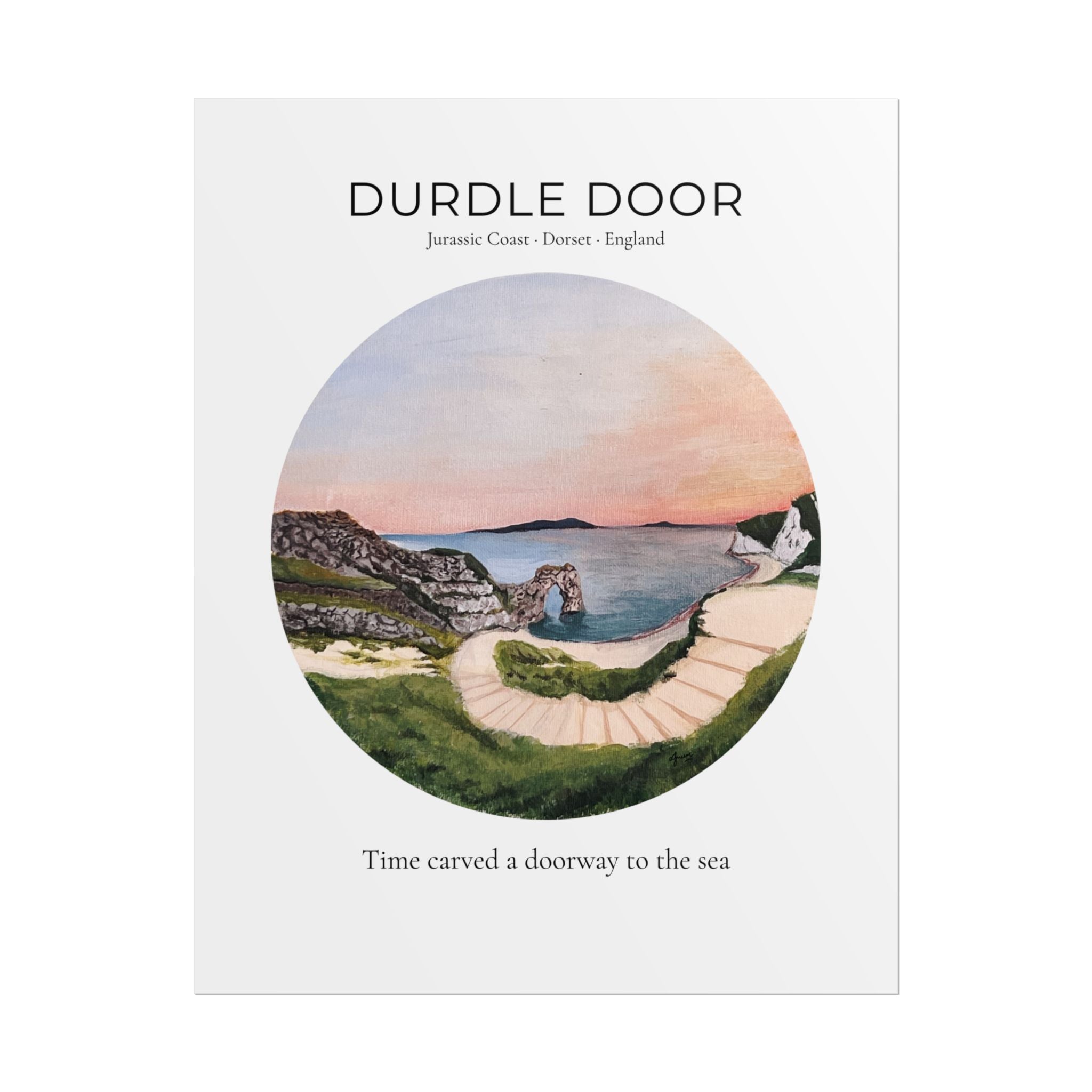 Durdle Door Watercolor Travel Print, Iconic Dorset English Landscape Wall Art, Modern Vintage Jurassic Coast Travel Poster