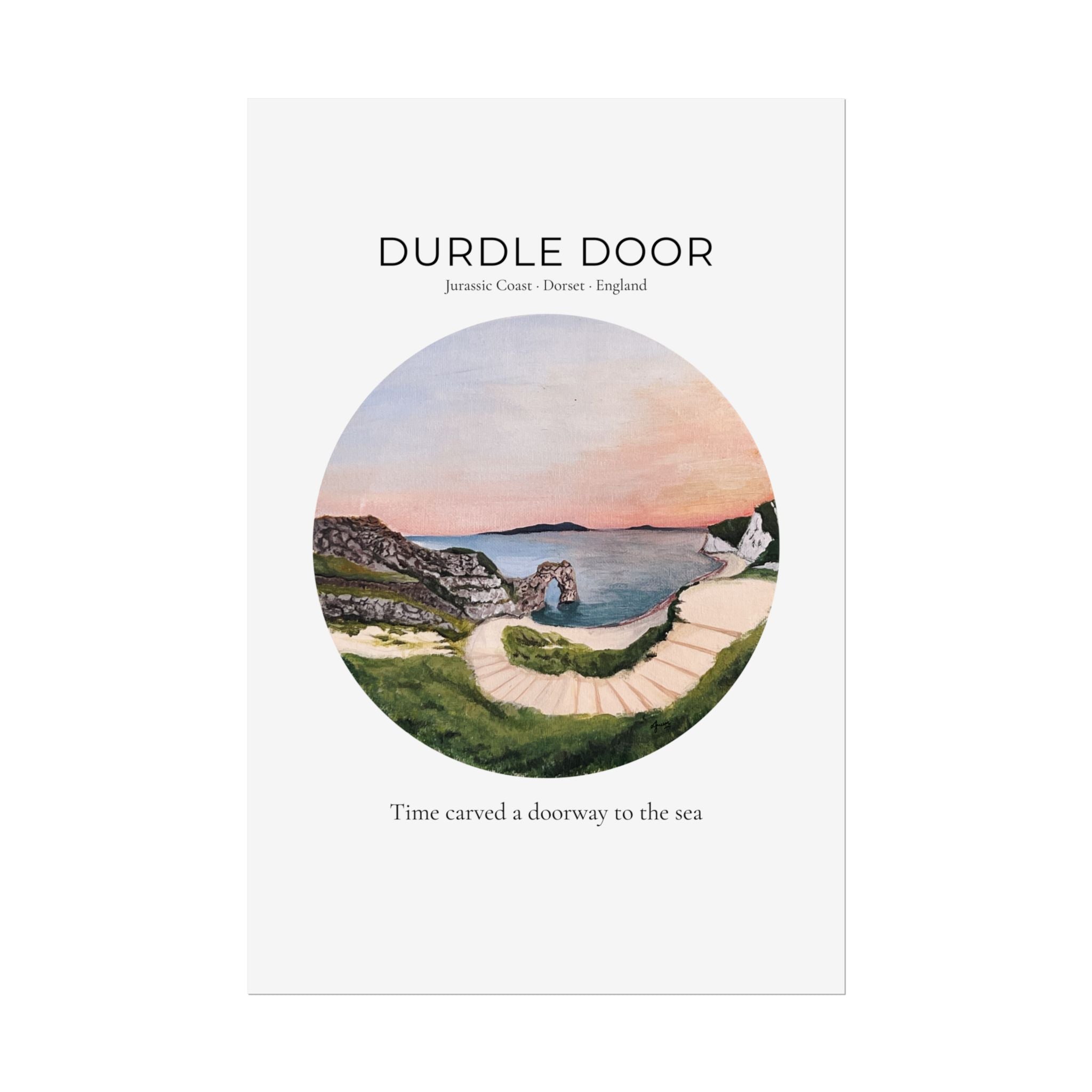 Durdle Door Watercolor Travel Print, Iconic Dorset English Landscape Wall Art, Modern Vintage Jurassic Coast Travel Poster