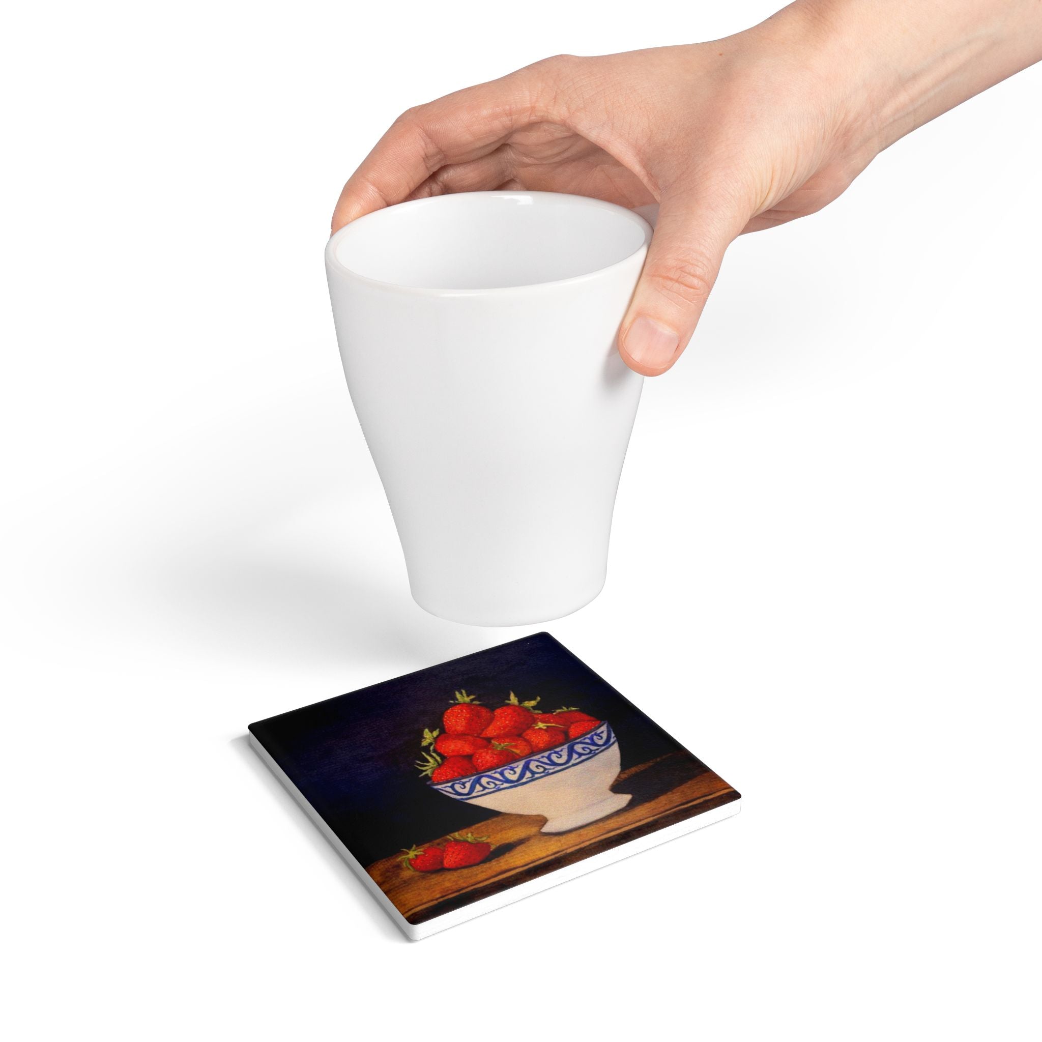 Strawberries in Blue Bowl Ceramic Coaster | Fruit Still Life Drink Mat