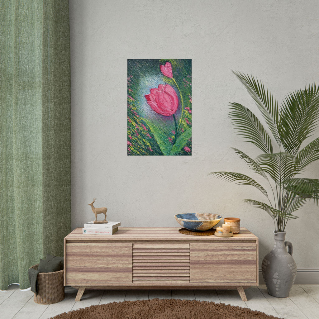 Pink Tulip Impasto Oil Painting | Palette Knife Floral Wall Art | Textured Botanical Canvas | Modern Neutral Home Decor