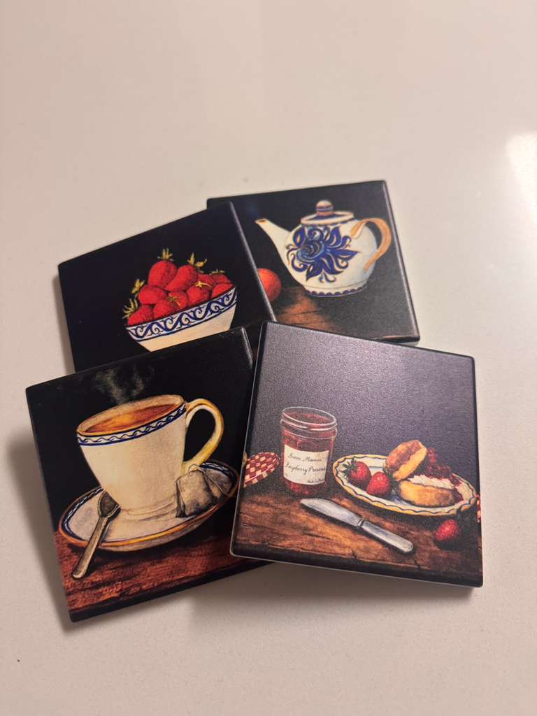 Strawberry Jam Scones Ceramic Coaster | Vintage Breakfast Still Life