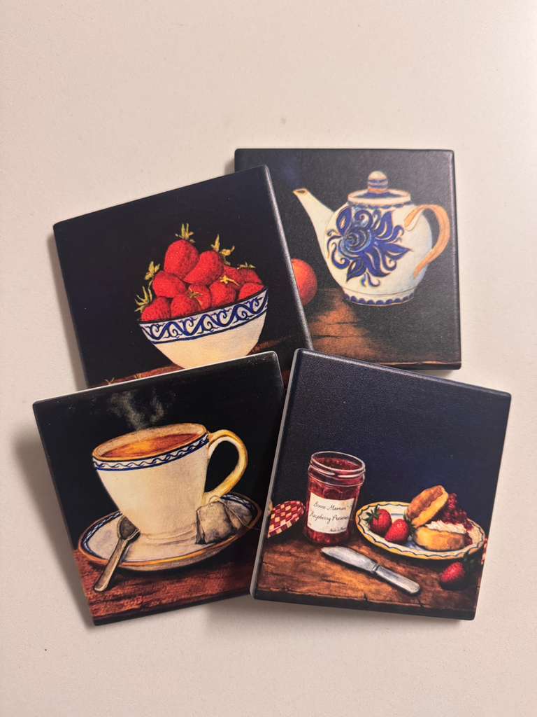 Blue Floral Teapot Ceramic Coaster | Still Life Orange Fruit Artwork