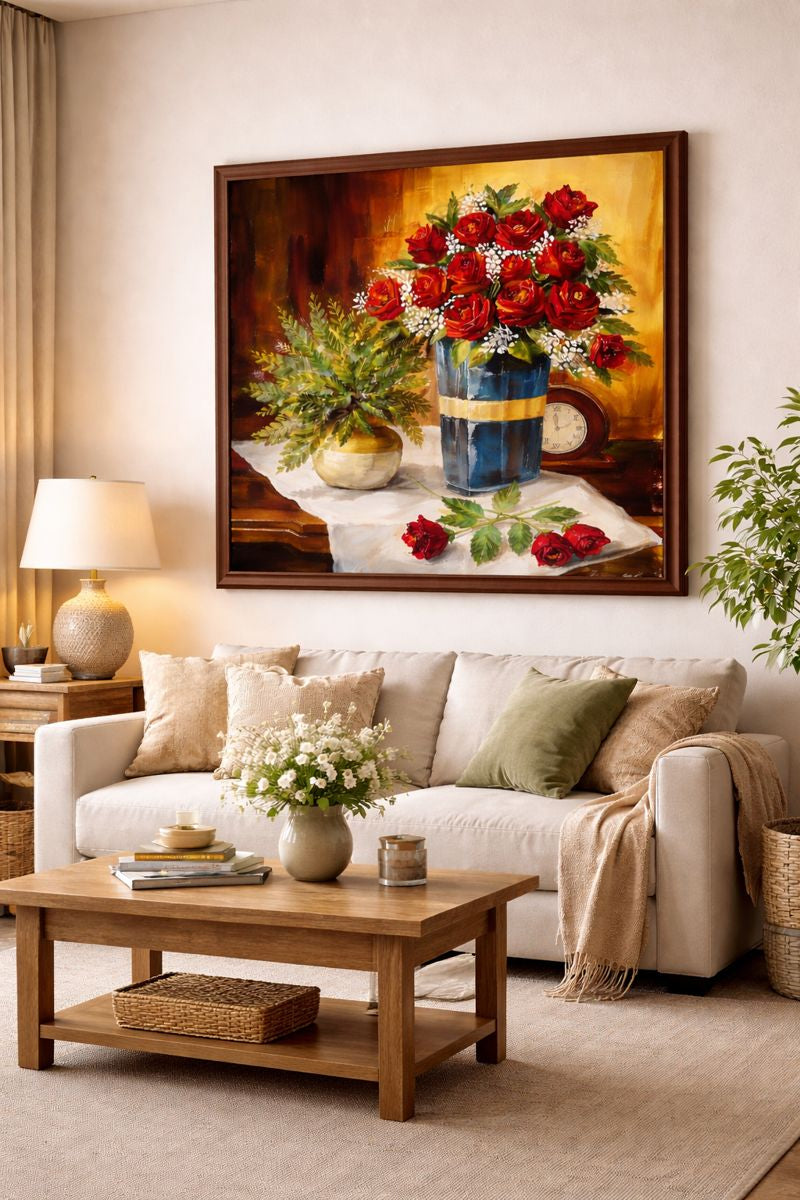 Red Rose Bouquet Painting Matte Canvas Framed | Floral Wall Art