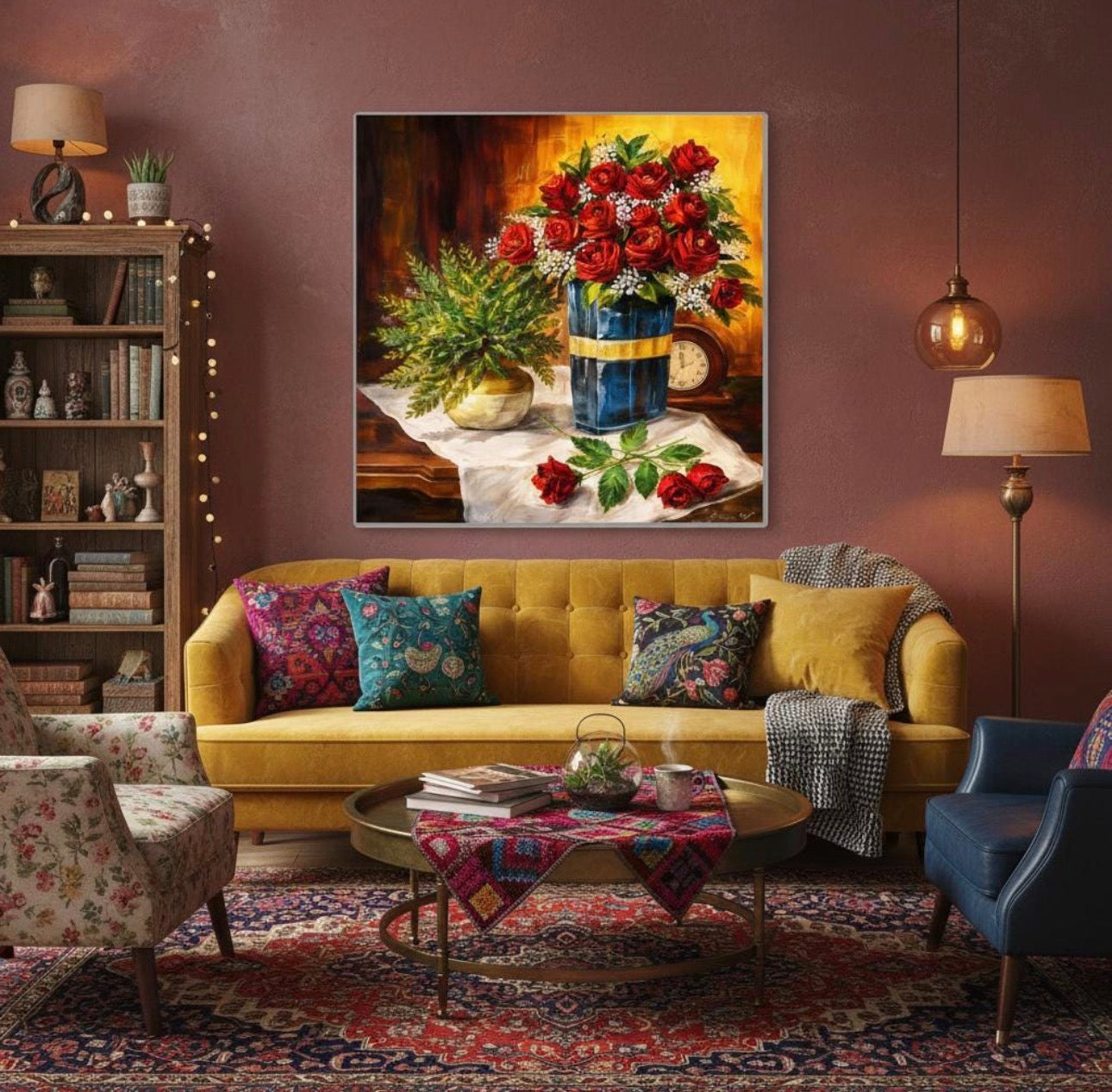 Red Rose Bouquet Painting Matte Canvas Framed | Floral Wall Art