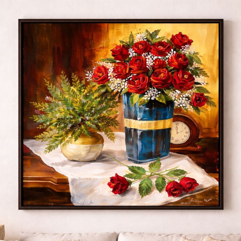 Red Rose Bouquet Painting Matte Canvas Framed | Floral Wall Art