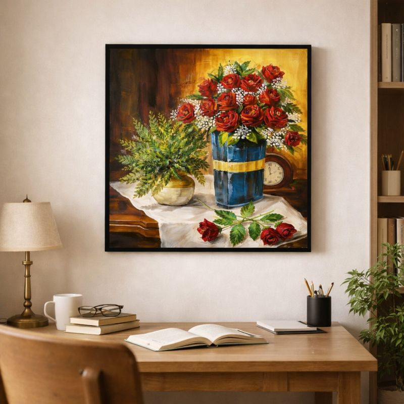 Red Rose Bouquet Painting Matte Canvas Framed | Floral Wall Art