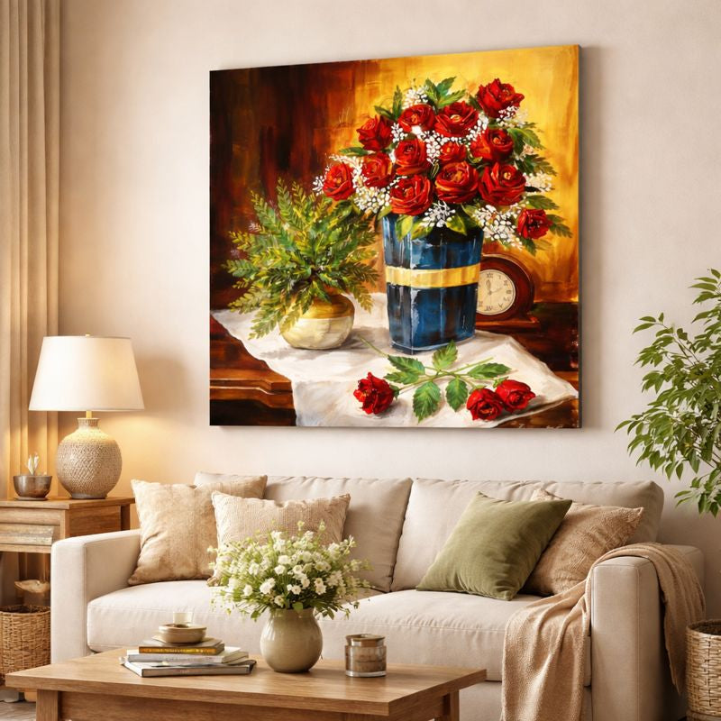 Red Rose Bouquet Painting Matte Canvas Framed | Floral Wall Art