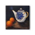 Blue Floral Teapot Ceramic Coaster | Still Life Orange Fruit Artwork