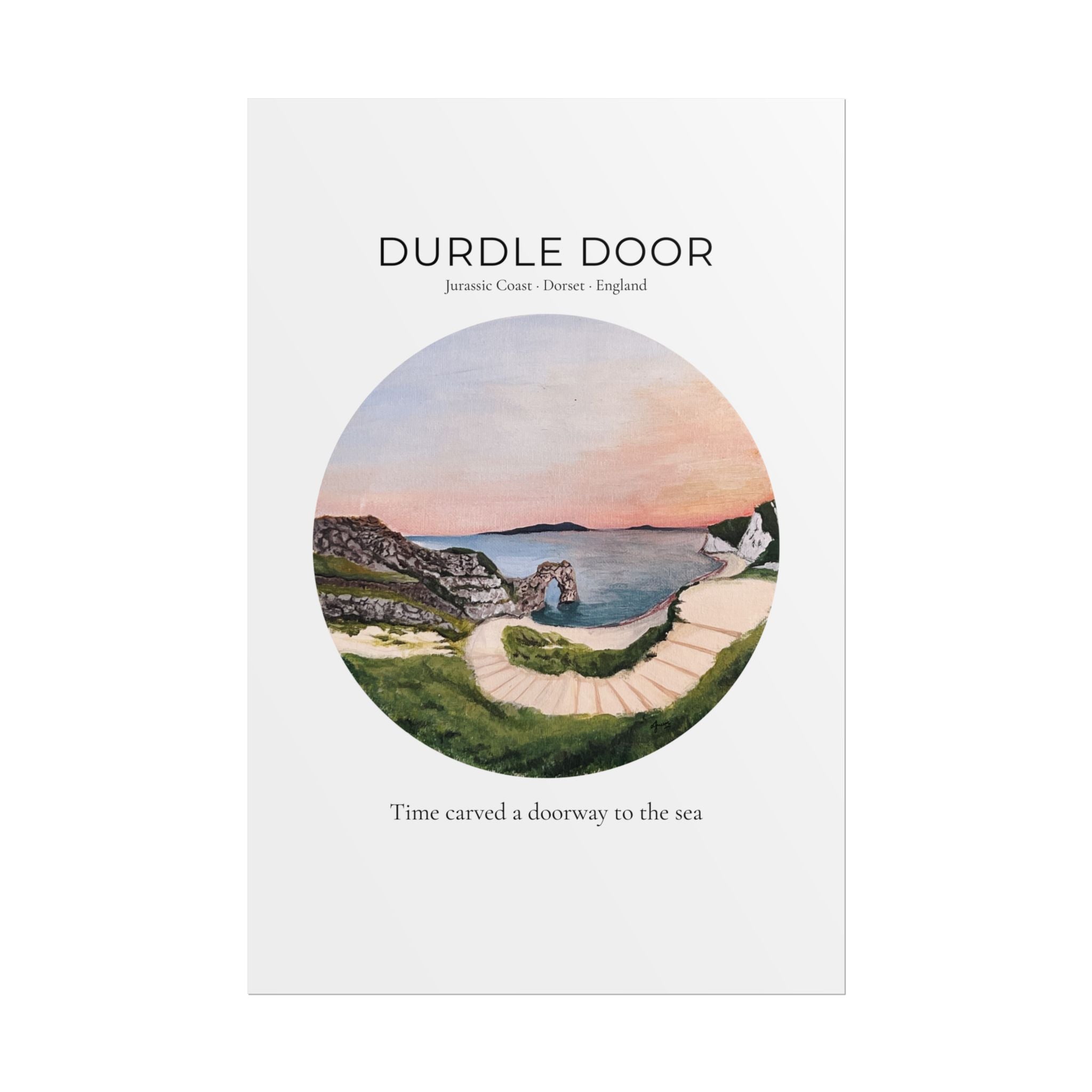 Durdle Door Watercolor Travel Print, Iconic Dorset English Landscape Wall Art, Modern Vintage Jurassic Coast Travel Poster