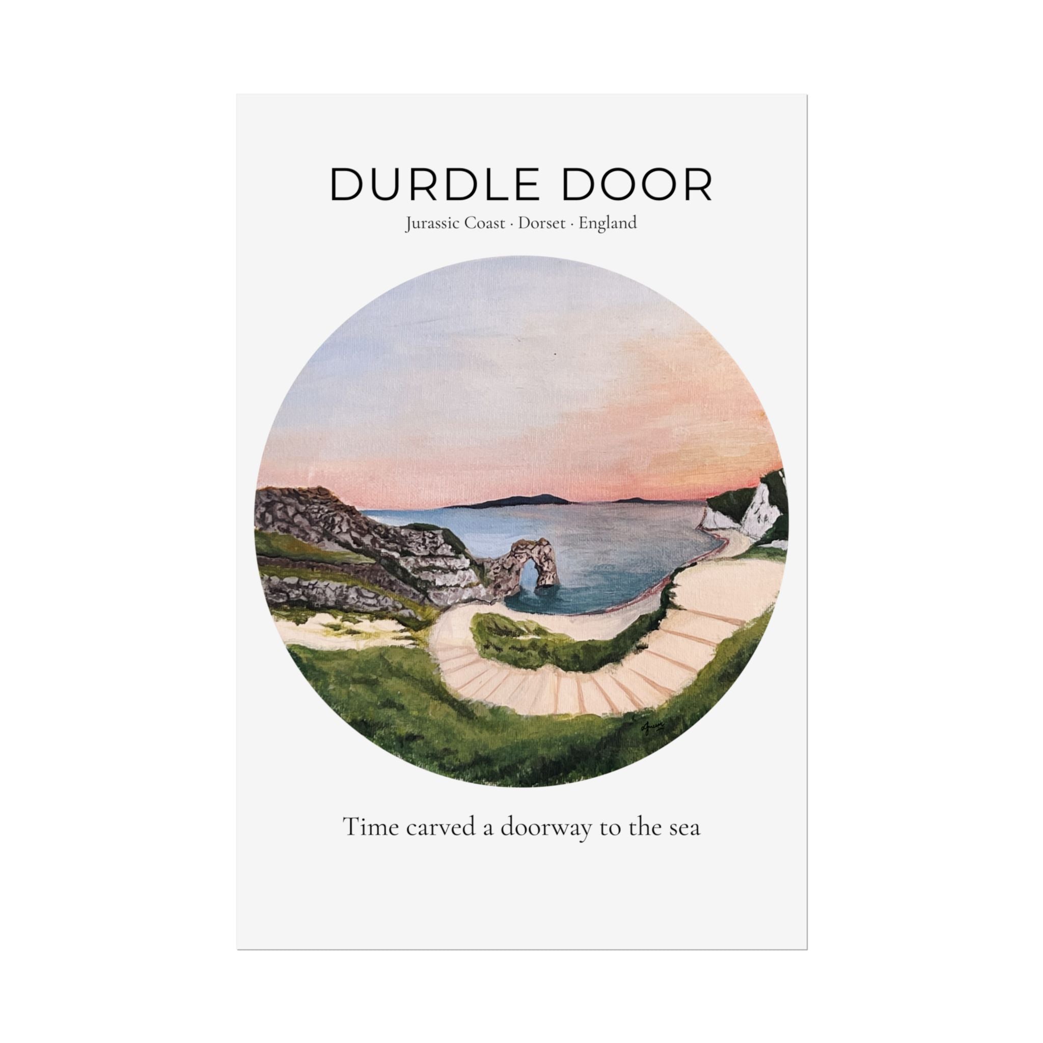Durdle Door Watercolor Travel Print, Iconic Dorset English Landscape Wall Art, Modern Vintage Jurassic Coast Travel Poster