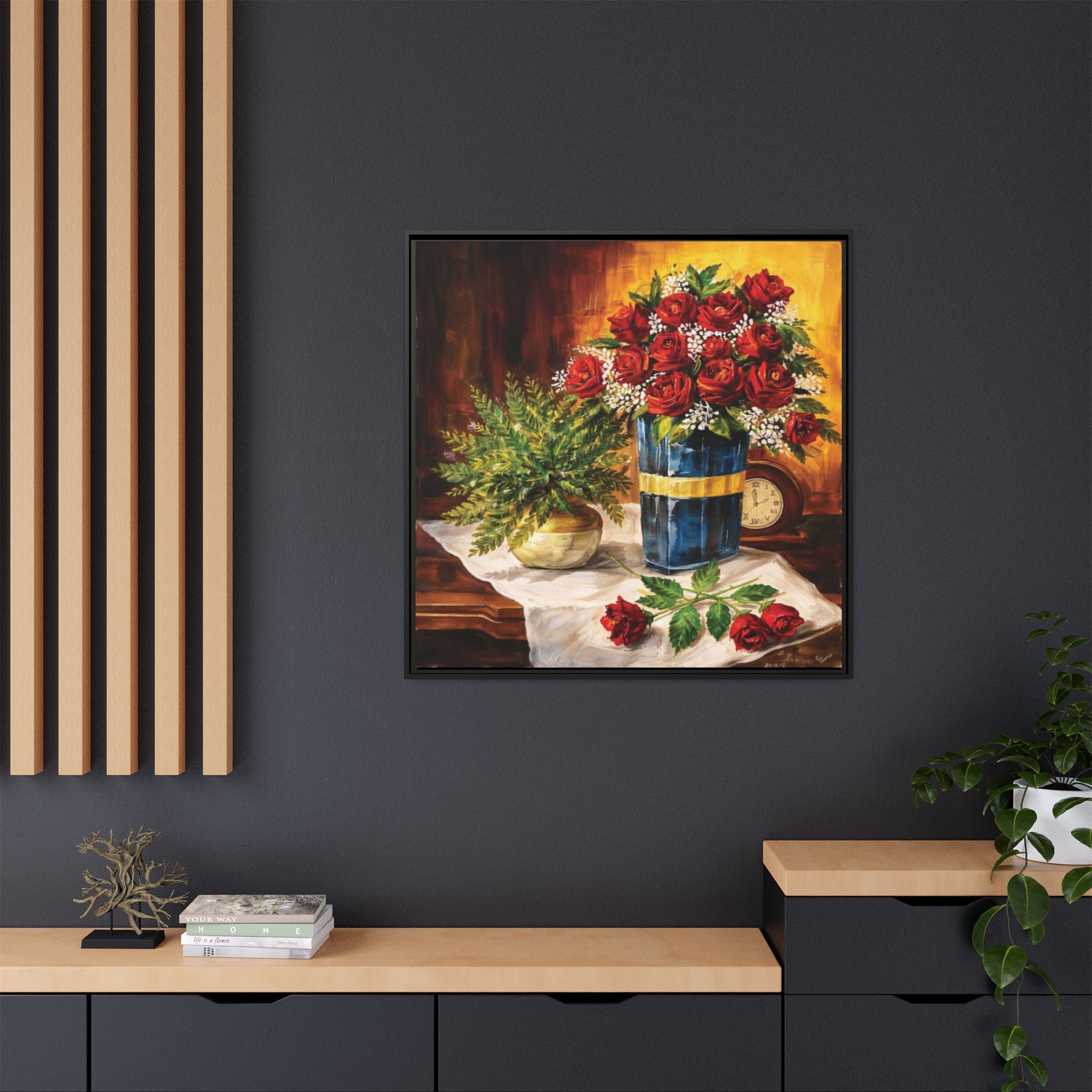 Red Rose Bouquet Painting Matte Canvas Framed | Floral Wall Art