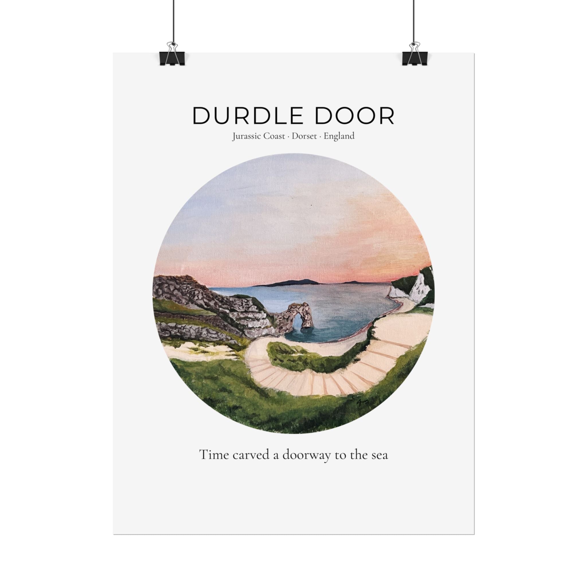 Durdle Door Watercolor Travel Print, Iconic Dorset English Landscape Wall Art, Modern Vintage Jurassic Coast Travel Poster