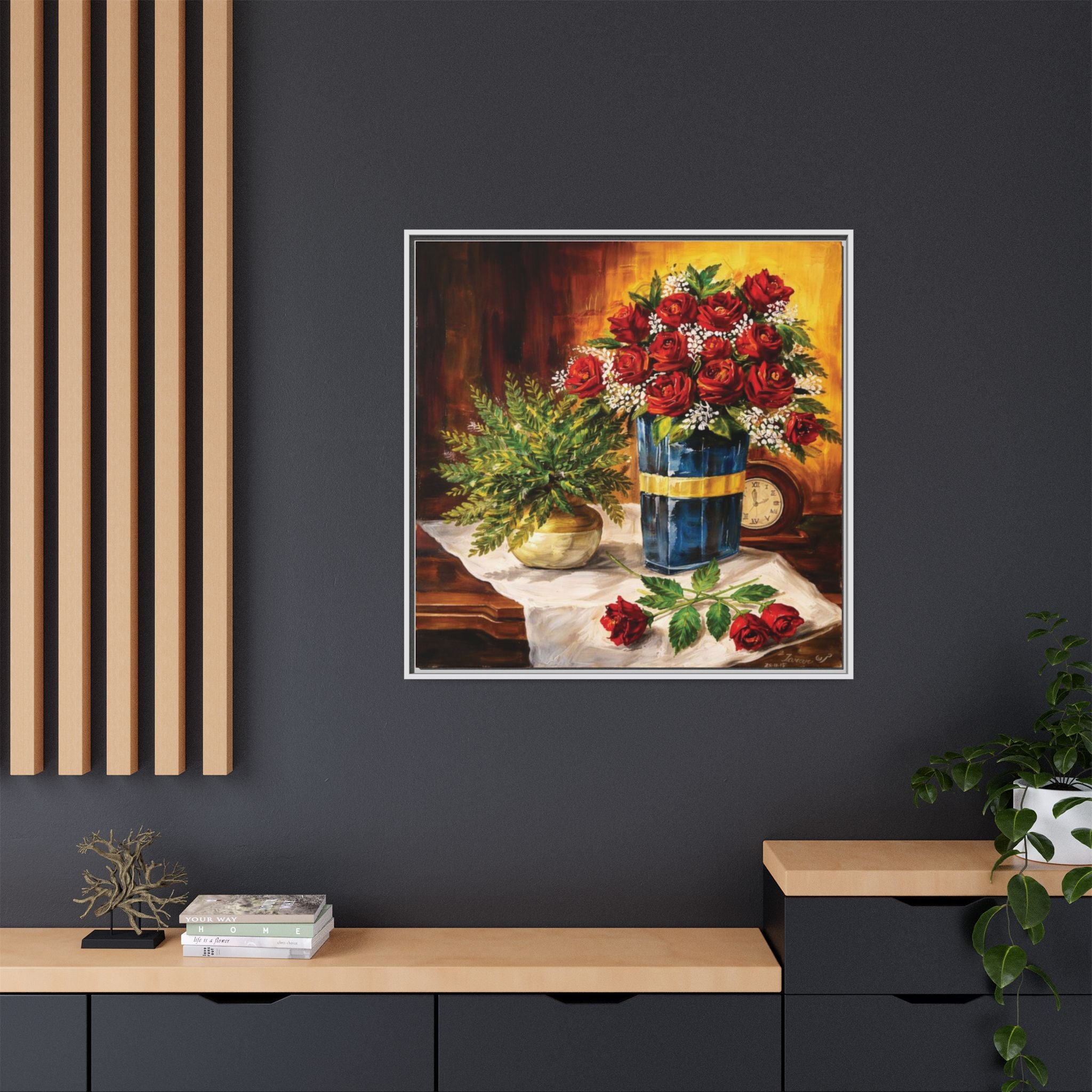 Red Rose Bouquet Painting Matte Canvas Framed | Floral Wall Art