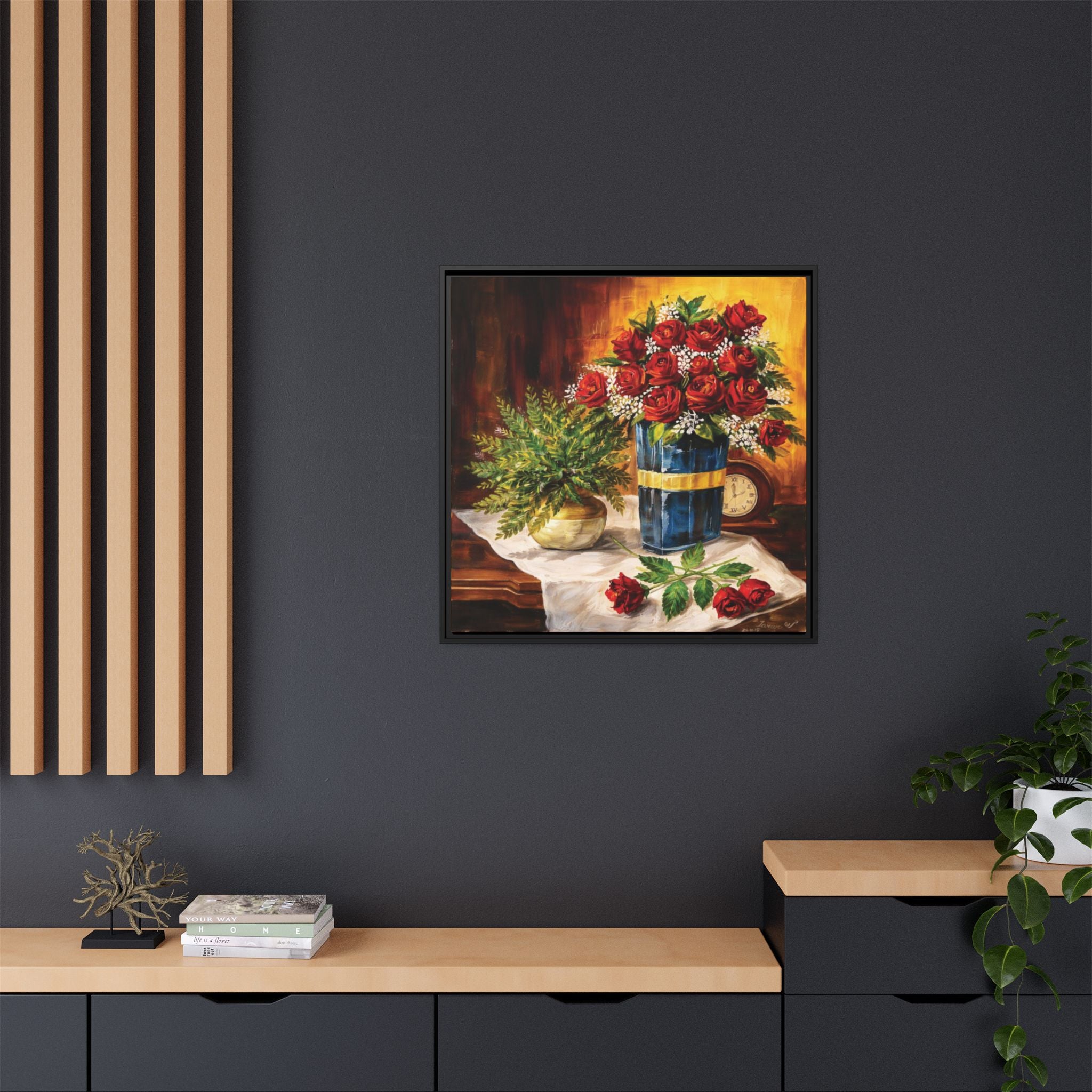 Red Rose Bouquet Painting Matte Canvas Framed | Floral Wall Art