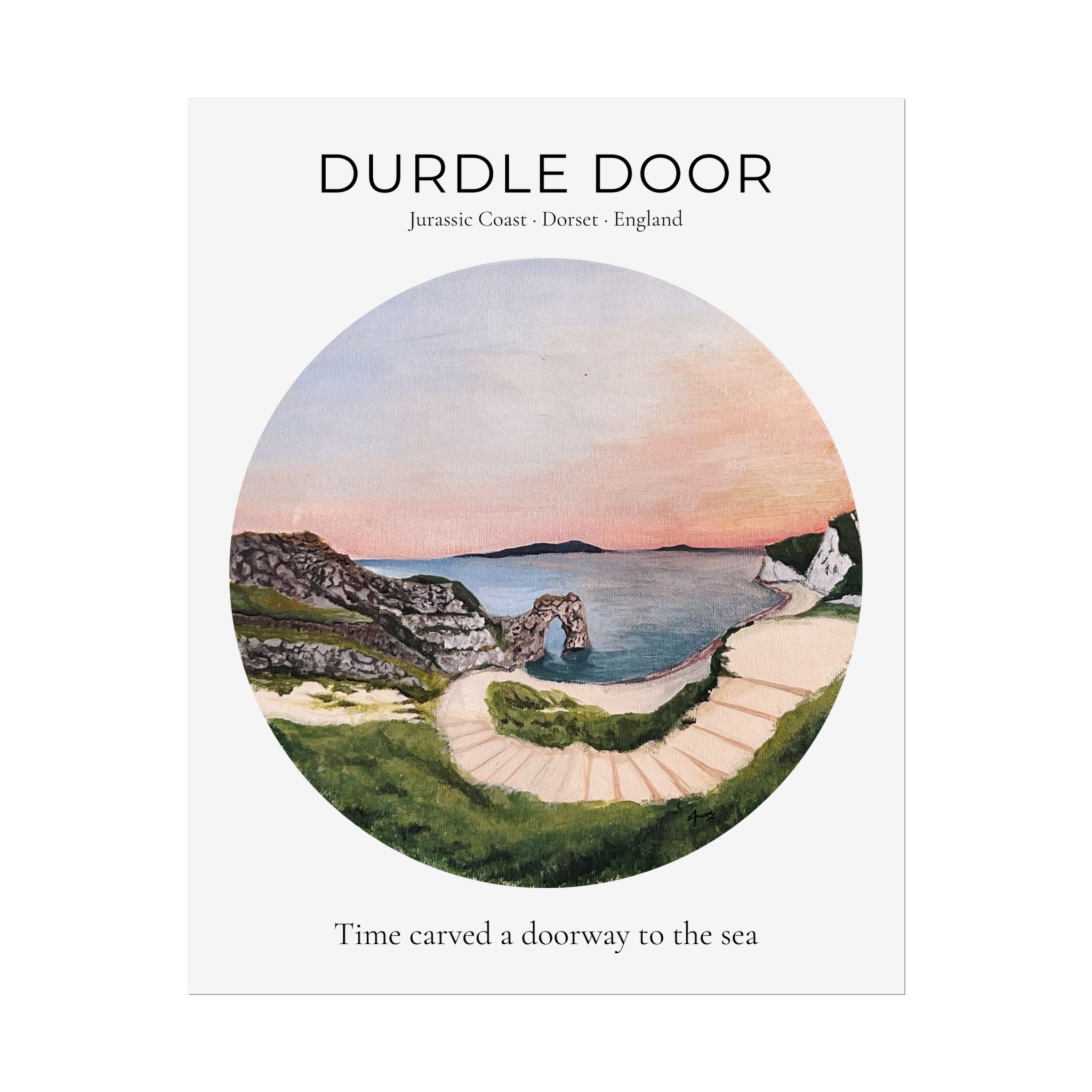 Durdle Door Watercolor Travel Print, Iconic Dorset English Landscape Wall Art, Modern Vintage Jurassic Coast Travel Poster