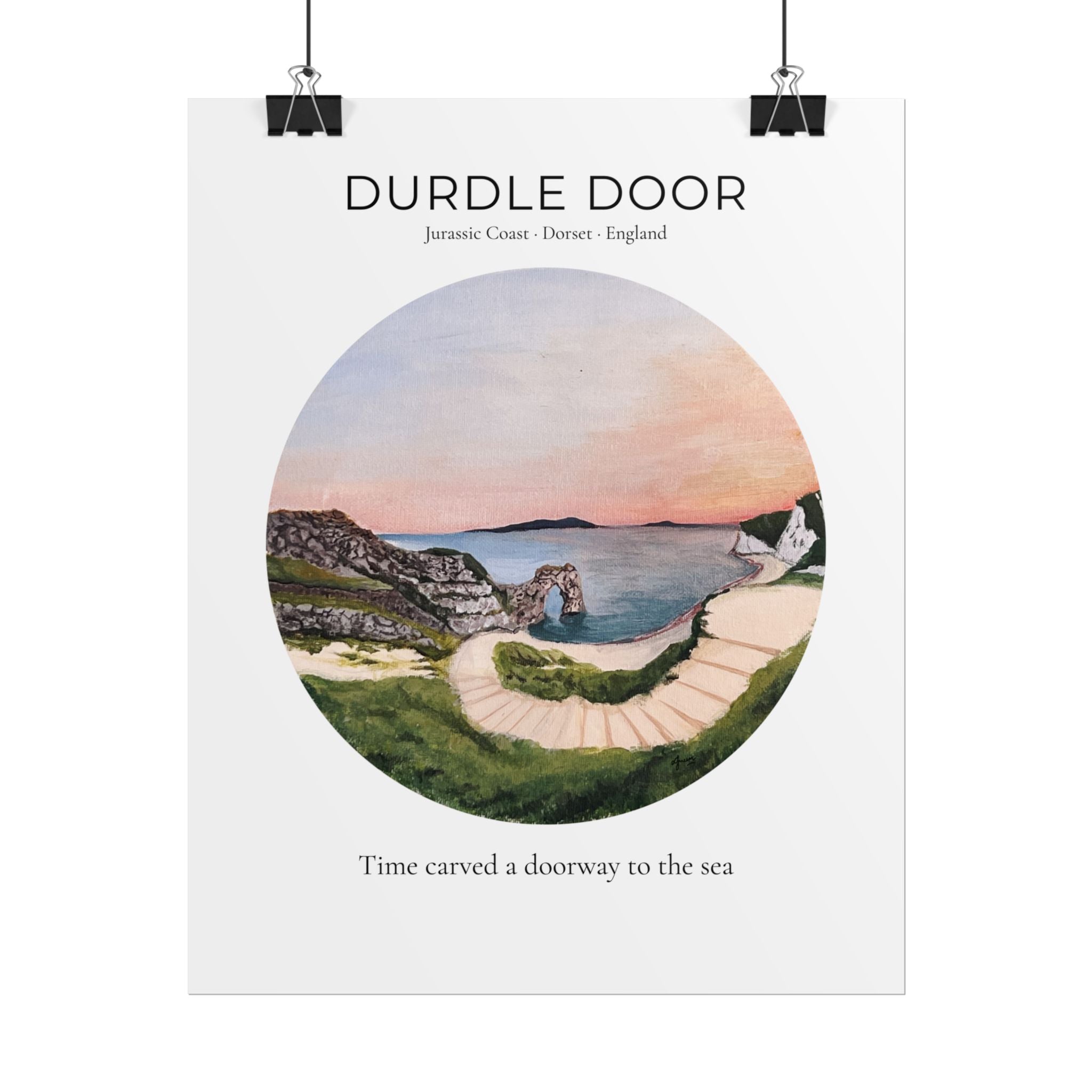 Durdle Door Watercolor Travel Print, Iconic Dorset English Landscape Wall Art, Modern Vintage Jurassic Coast Travel Poster