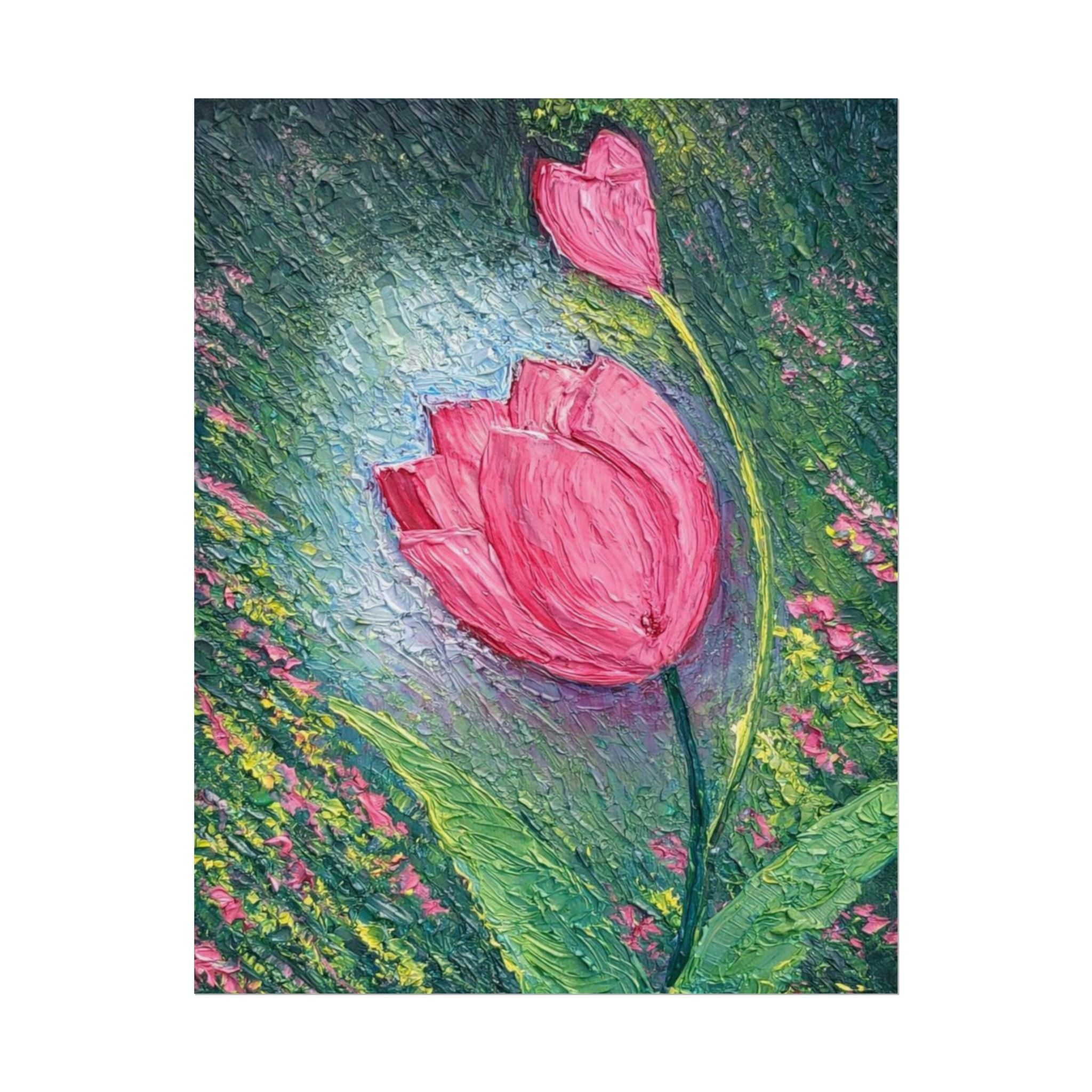 Pink Tulip Impasto Oil Painting | Palette Knife Floral Wall Art | Textured Botanical Canvas | Modern Neutral Home Decor
