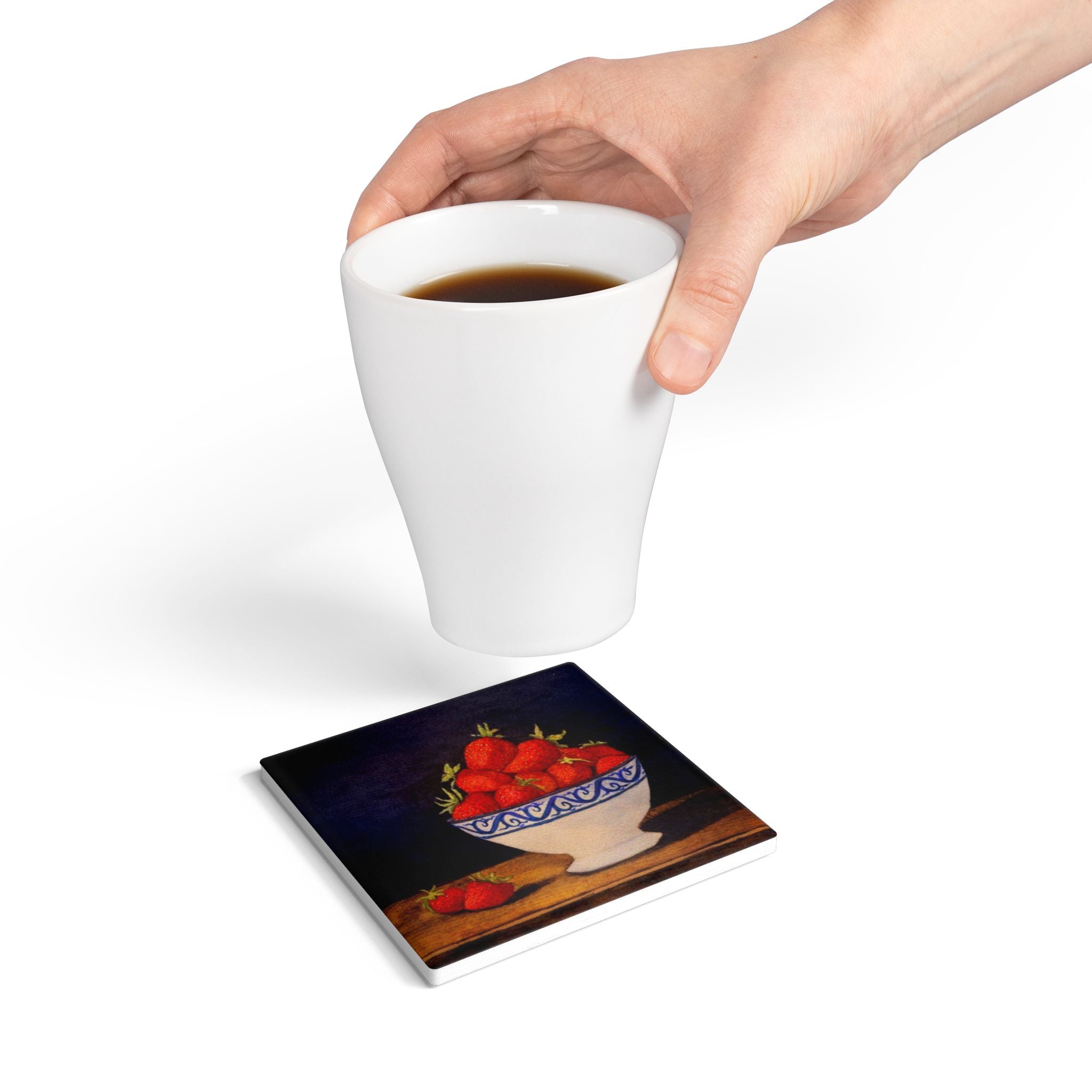 Strawberries in Blue Bowl Ceramic Coaster | Fruit Still Life Drink Mat
