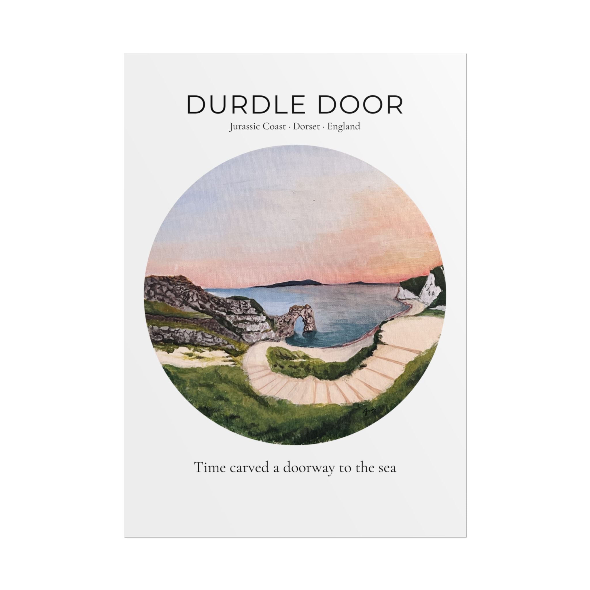 Durdle Door Watercolor Travel Print, Iconic Dorset English Landscape Wall Art, Modern Vintage Jurassic Coast Travel Poster